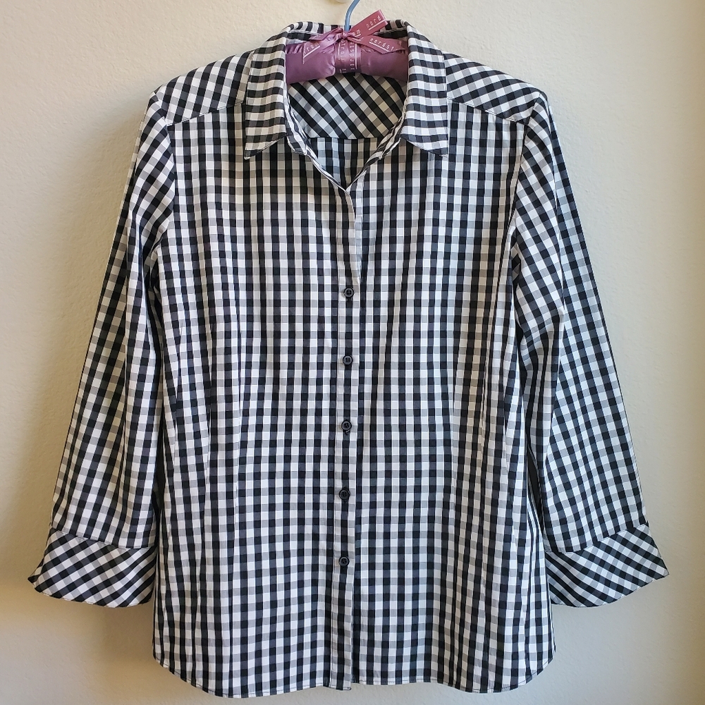 Lafayette 148 Button-down Stretch Cotton Shirt, Med,  Black/White/Grey Check